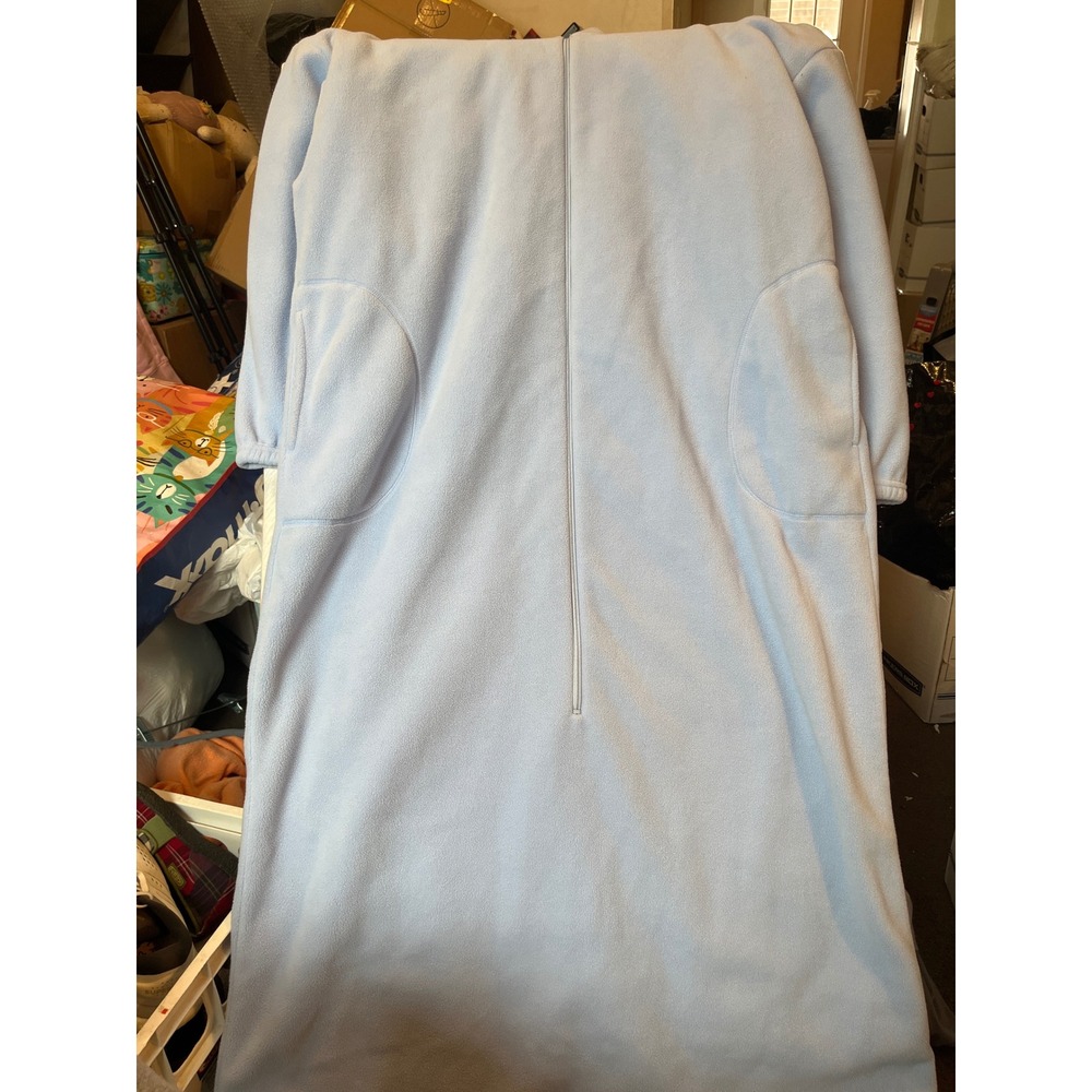 Lands' End‎ Polartec Fleece Robe Womens Petite Light Blue Zip Front Pockets Cozy